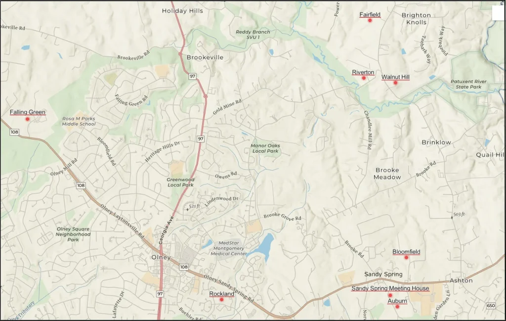 Historical map showing the locations of Sandy Spring’s free Black communities and surrounding settlements in Montgomery County, Maryland