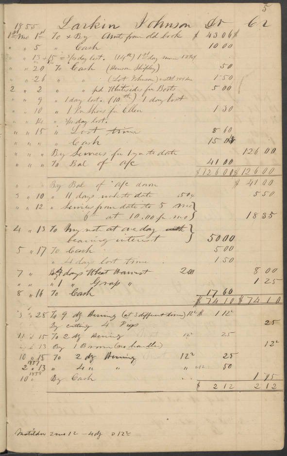A handwritten ledger page with dated entries and columns of amounts.