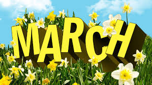 The word “March” among yellow daffodils.