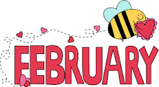 A “February” graphic with a bee carrying a red heart.