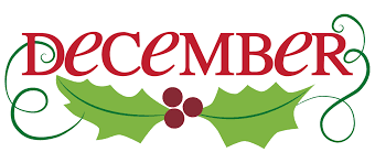 The word “December” with green holly leaves and red berries.