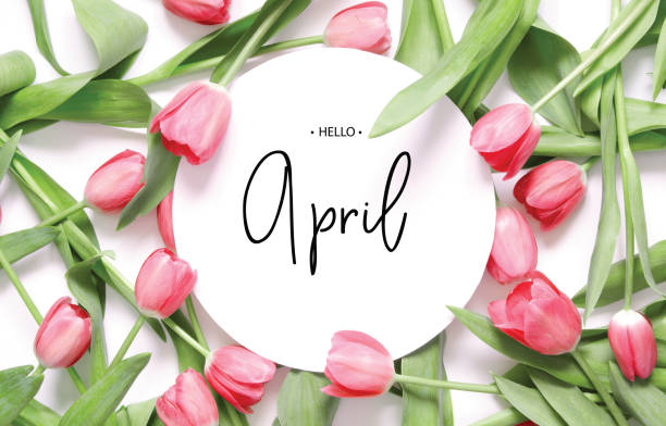 An “April” label surrounded by pink tulips.