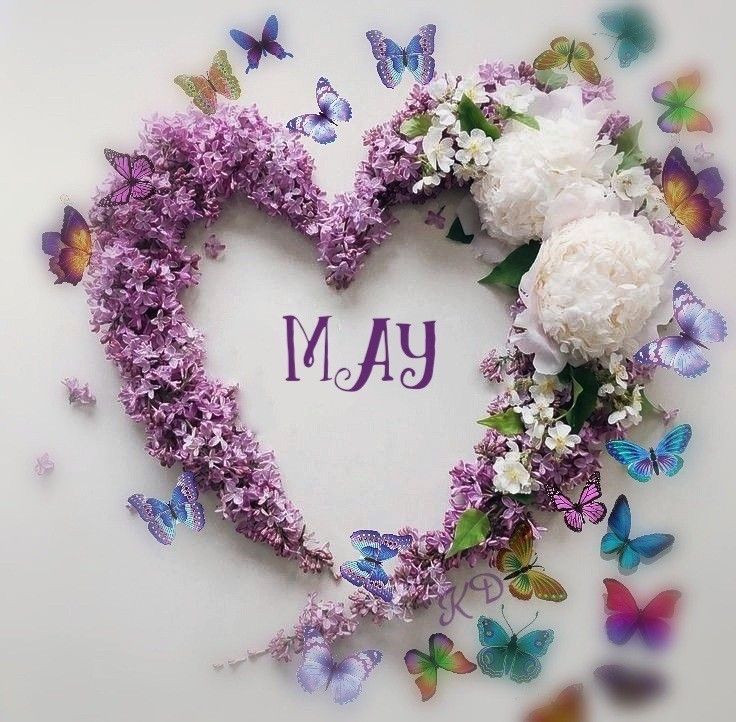 The word “May” inside a purple floral wreath with butterflies.