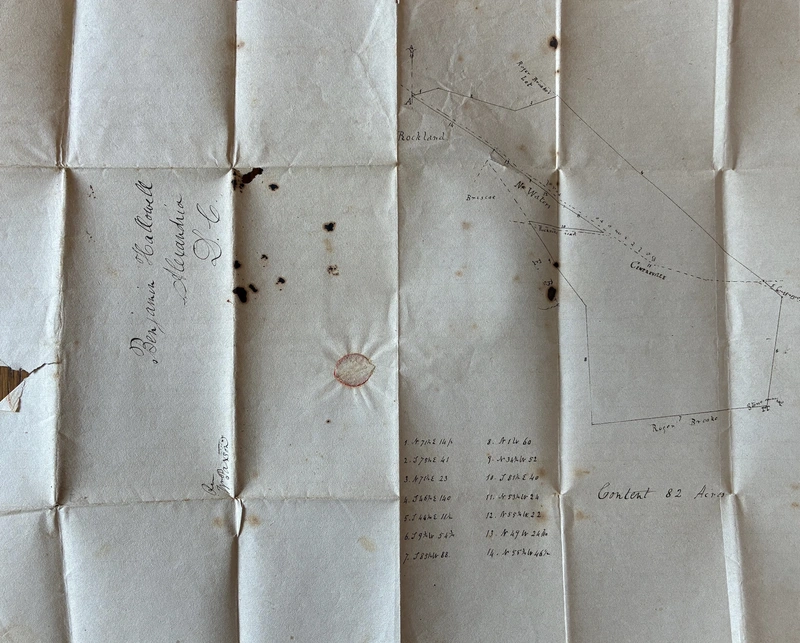 Historic circa 1838 plat showing Rockland and the adjacent five-acre Briscoe-Elcorn and Waters family parcels.