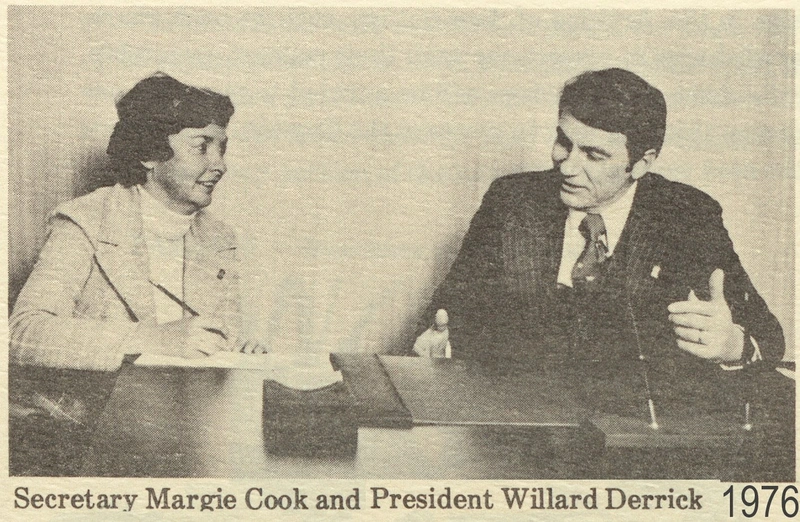 Secretary Margie Cook and President Willard Derrick in a 1976 newspaper photograph.
