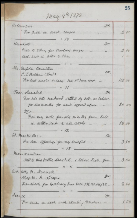 A handwritten account-book page with dated entries and amounts in columns.