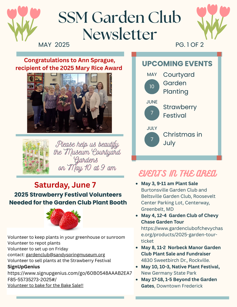 May 2025 Garden Club newsletter page with a group photograph and volunteer information.
