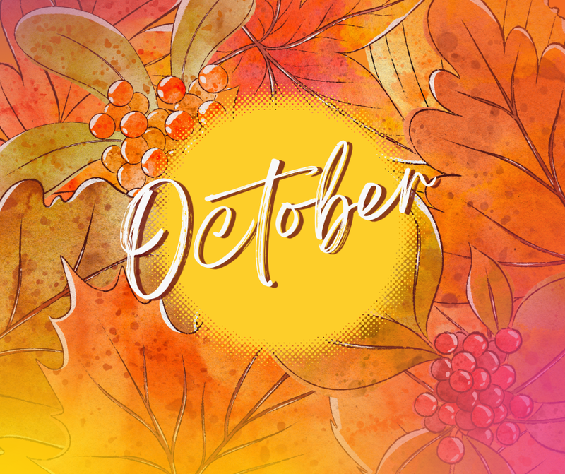 The word “October” surrounded by colorful autumn leaves and berries.