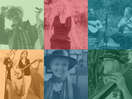 A six-panel, color-tinted collage of singers and musicians with string instruments.