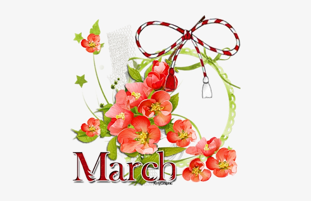 A “March” graphic with red flowers and a bow.