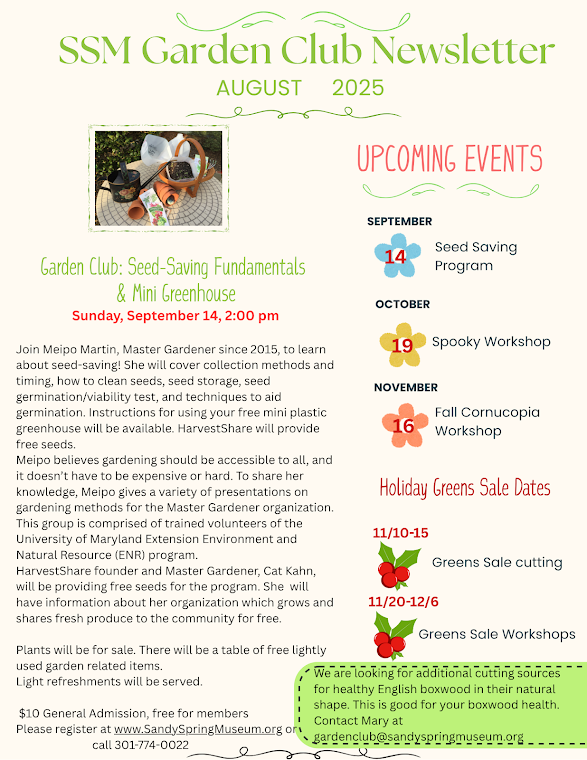 August 2025 Garden Club newsletter page with seed-saving information.