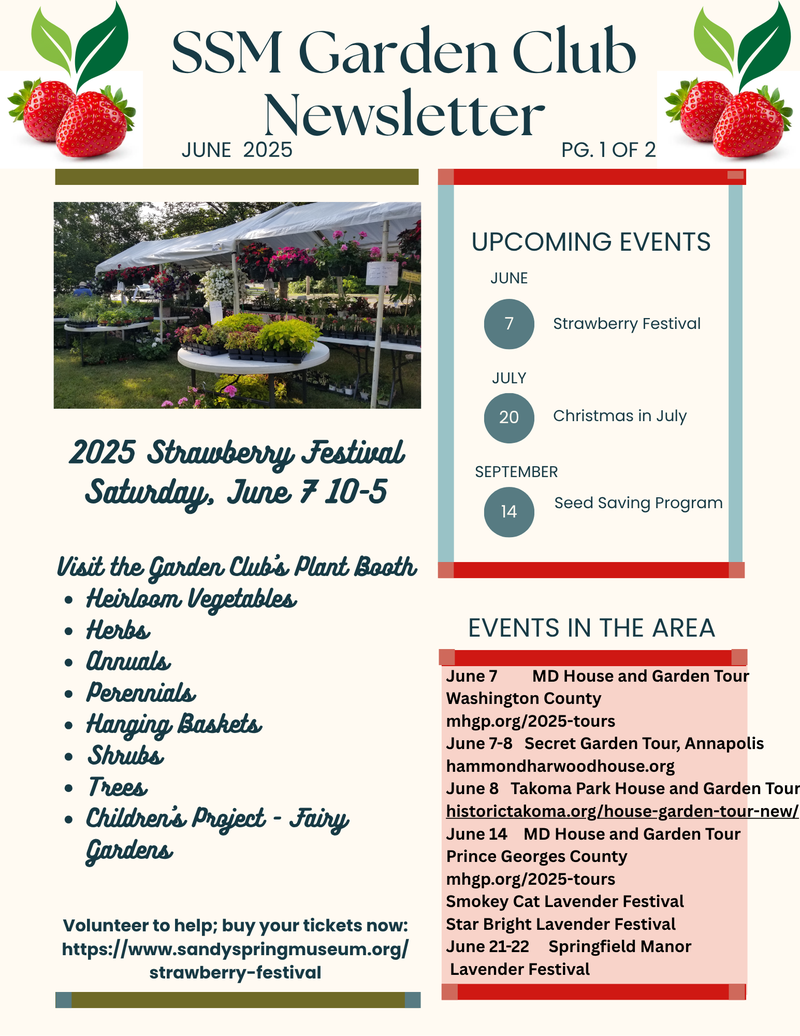 June 2025 Garden Club newsletter page with Strawberry Festival plant-sale information.