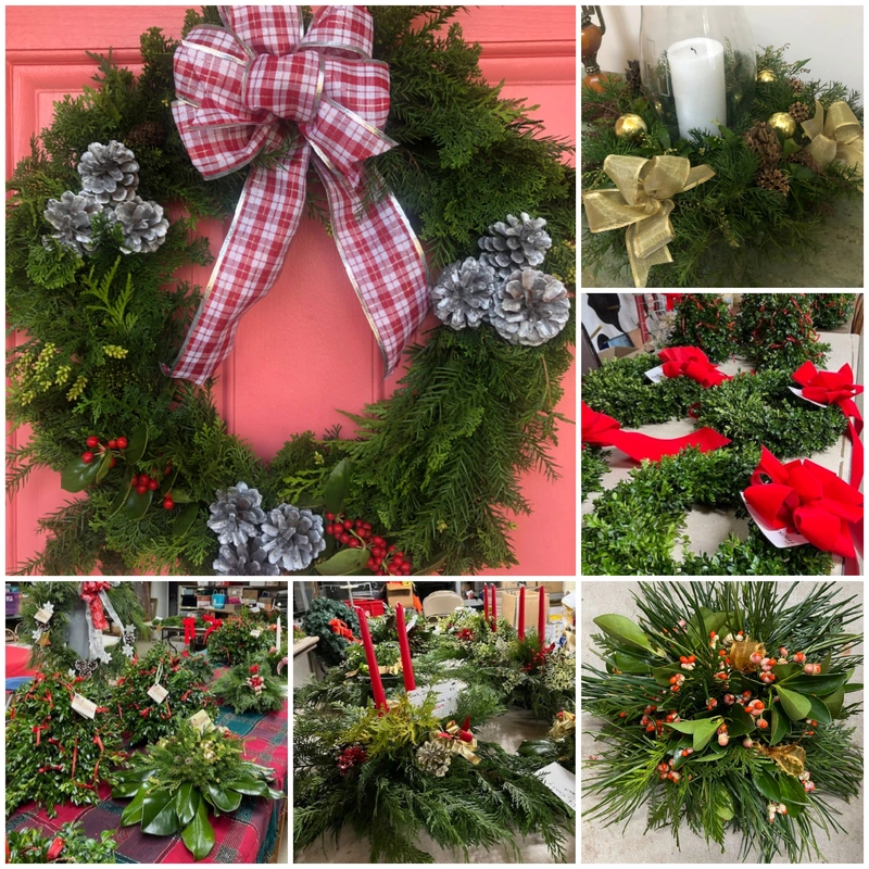 A collage of holiday wreaths and evergreen arrangements.