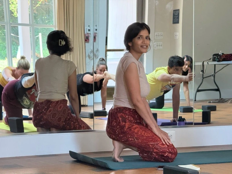 Neha Singhal leads a Friday Flow yoga class at Sandy Spring Museum