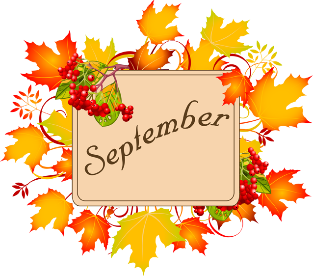 A “September” label framed by autumn leaves and red berries.