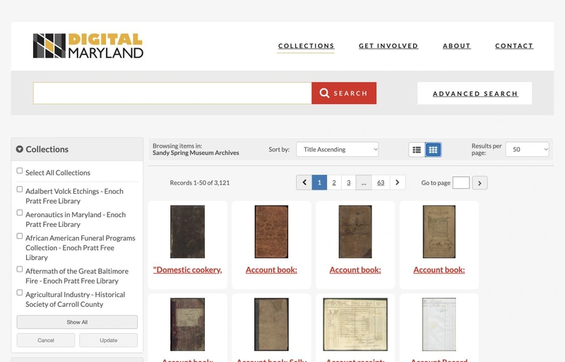 Digital Maryland’s Sandy Spring Museum Archives search screen, showing record thumbnails and search filters