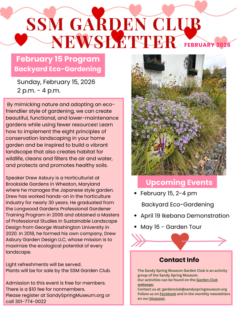 February 2026 Garden Club newsletter page with hearts and a garden photograph.