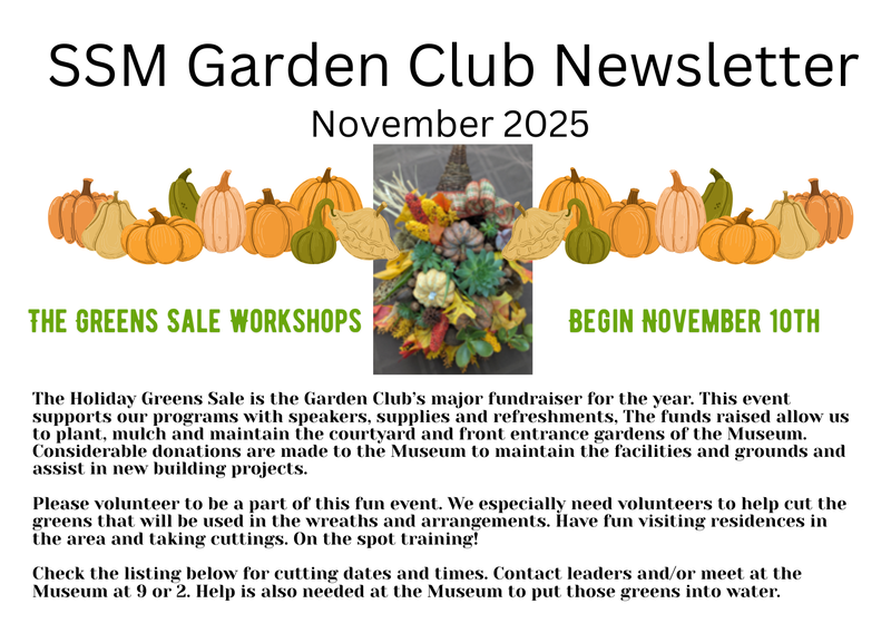 November 2025 Garden Club newsletter page about holiday greens workshops, decorated with pumpkins.