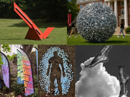 A collage of outdoor sculptures, including a red angular form and a woven sphere.