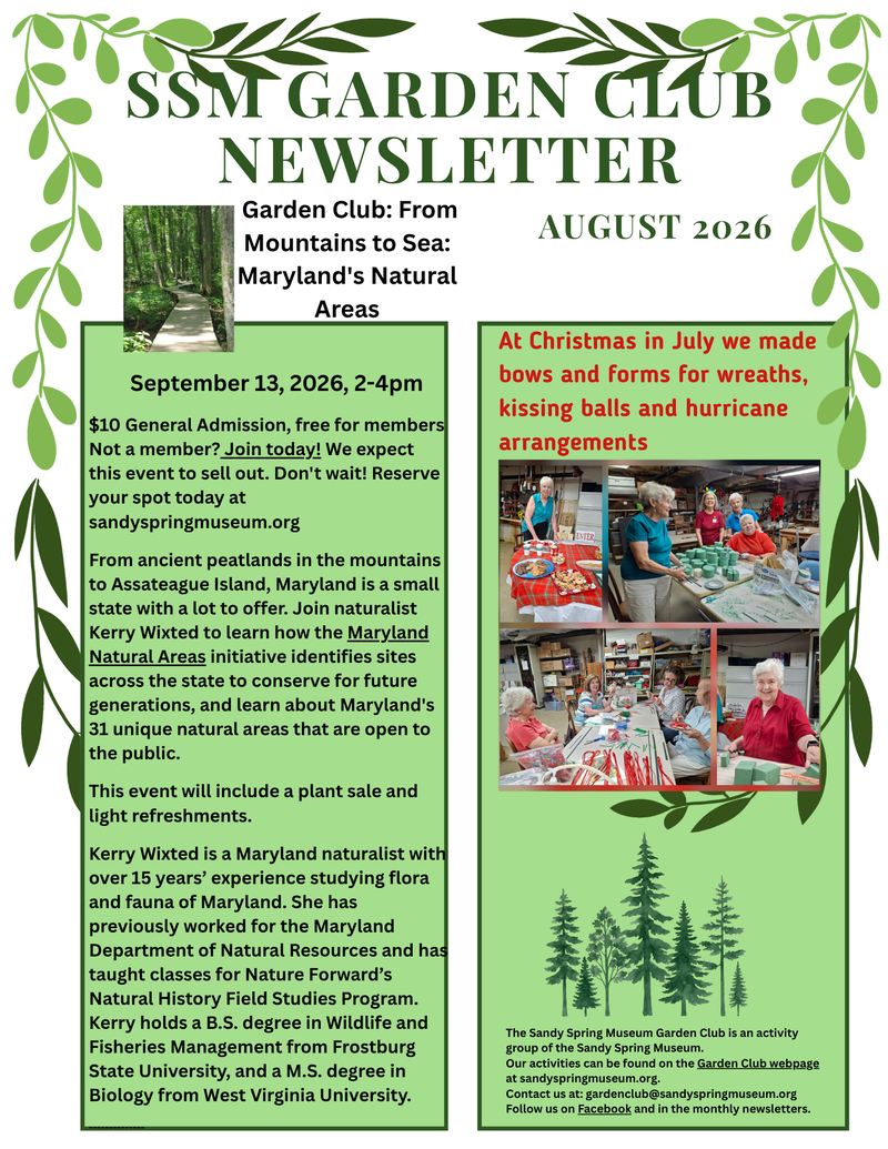 August 2026 Garden Club newsletter page bordered with green leaves.