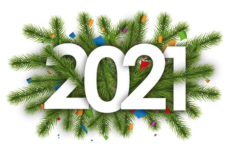 The number “2021” surrounded by evergreen branches and colorful lights.