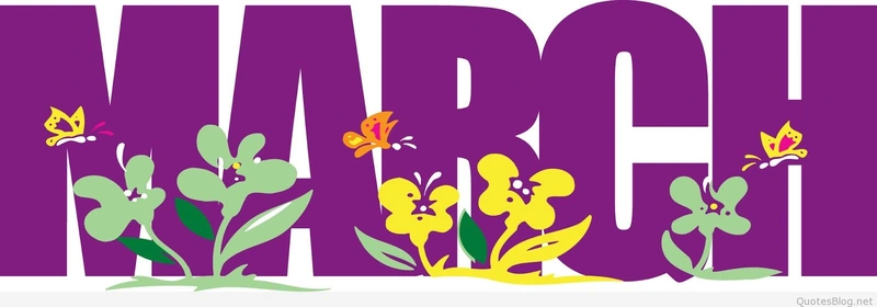 The word “March” in purple lettering with small flowers.