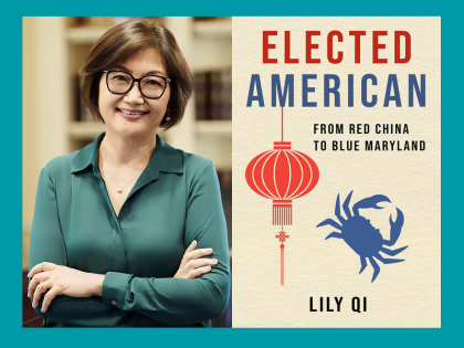 A portrait beside the cover of “Elected American” by Lily Qi.
