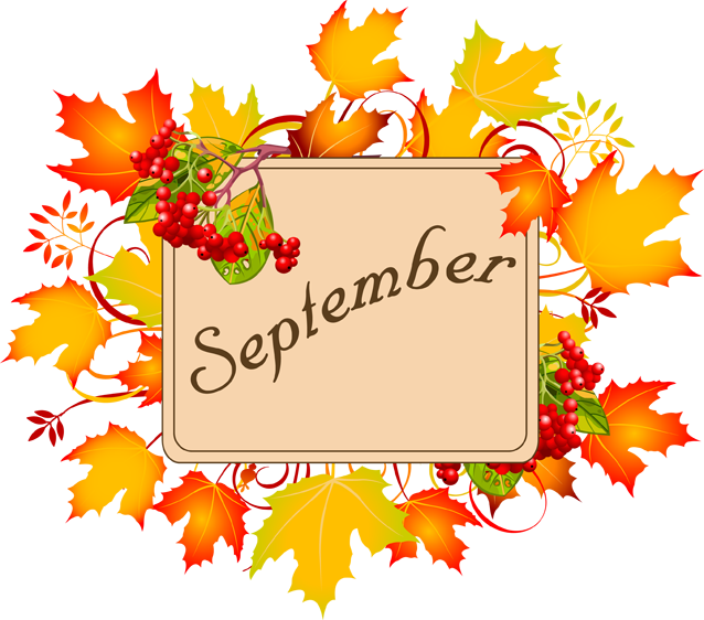 A “September” label framed by autumn leaves and red berries.