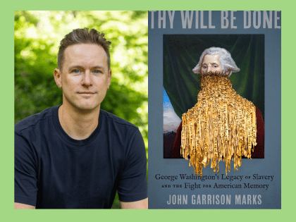A portrait beside the cover of “Thy Will Be Done” by John Garrison Marks.
