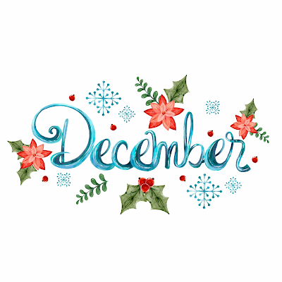 The word “December” surrounded by holly, flowers, and snowflakes.
