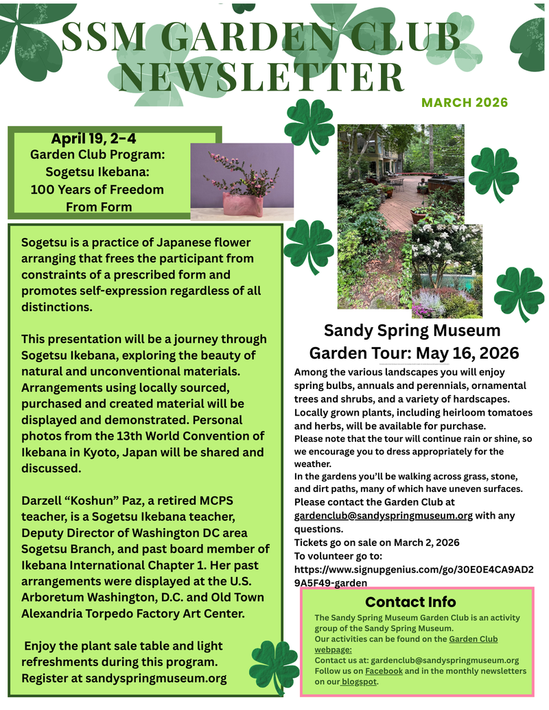 March 2026 Garden Club newsletter page decorated with green shamrocks.