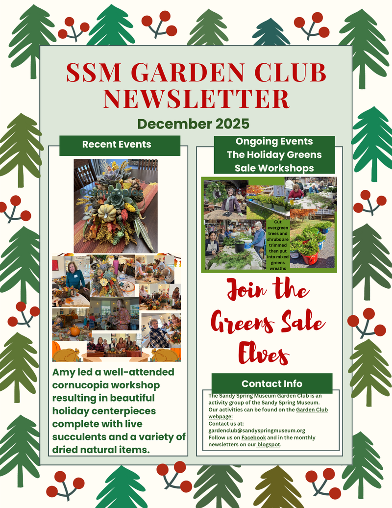 December 2025 Garden Club newsletter page with evergreen branches, red berries, and workshop photographs.