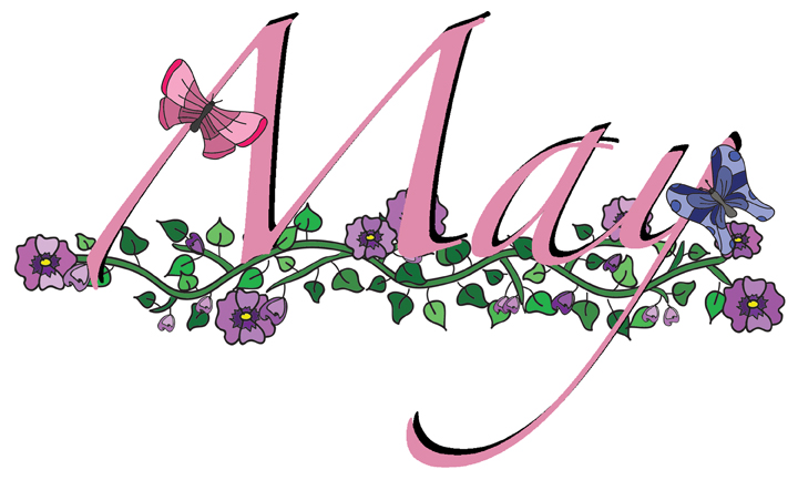 Decorative “May” lettering with flowers and butterflies.