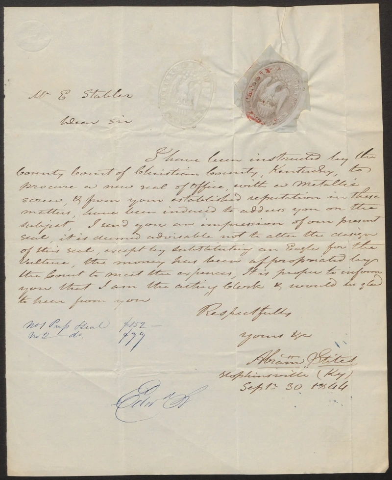 Handwritten letter on aged paper with embossed seals