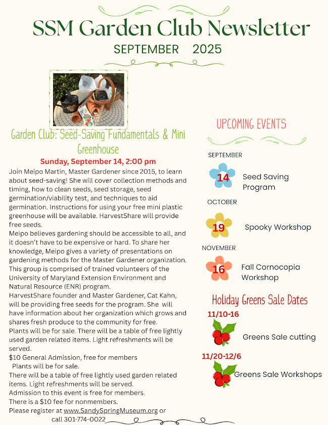 Garden Club newsletter page with seed-saving information and an upcoming-events column.