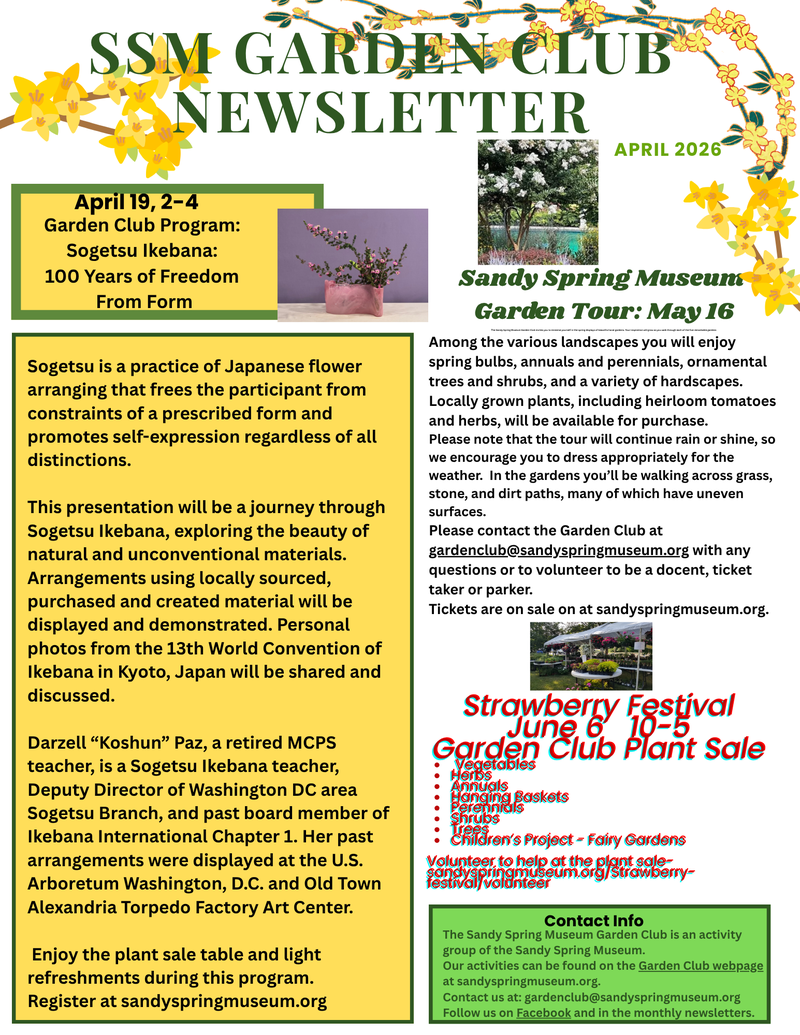 April 2026 Garden Club newsletter page decorated with yellow flowers.