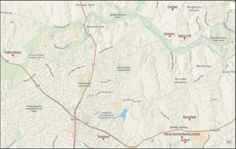 Historical map showing the locations of Sandy Spring’s free Black communities and surrounding settlements in Montgomery County, Maryland